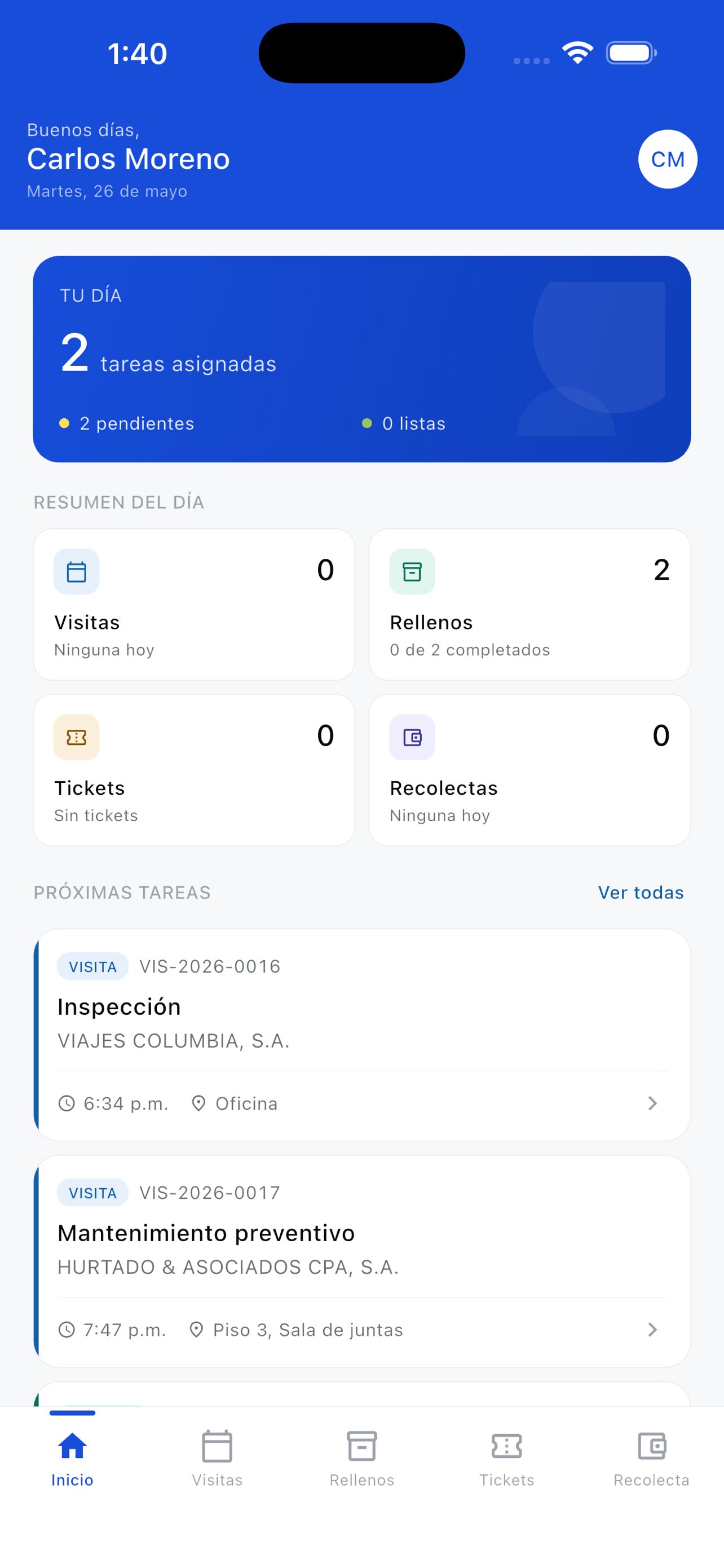 Pantalla Inicio de la app móvil con resumen del día