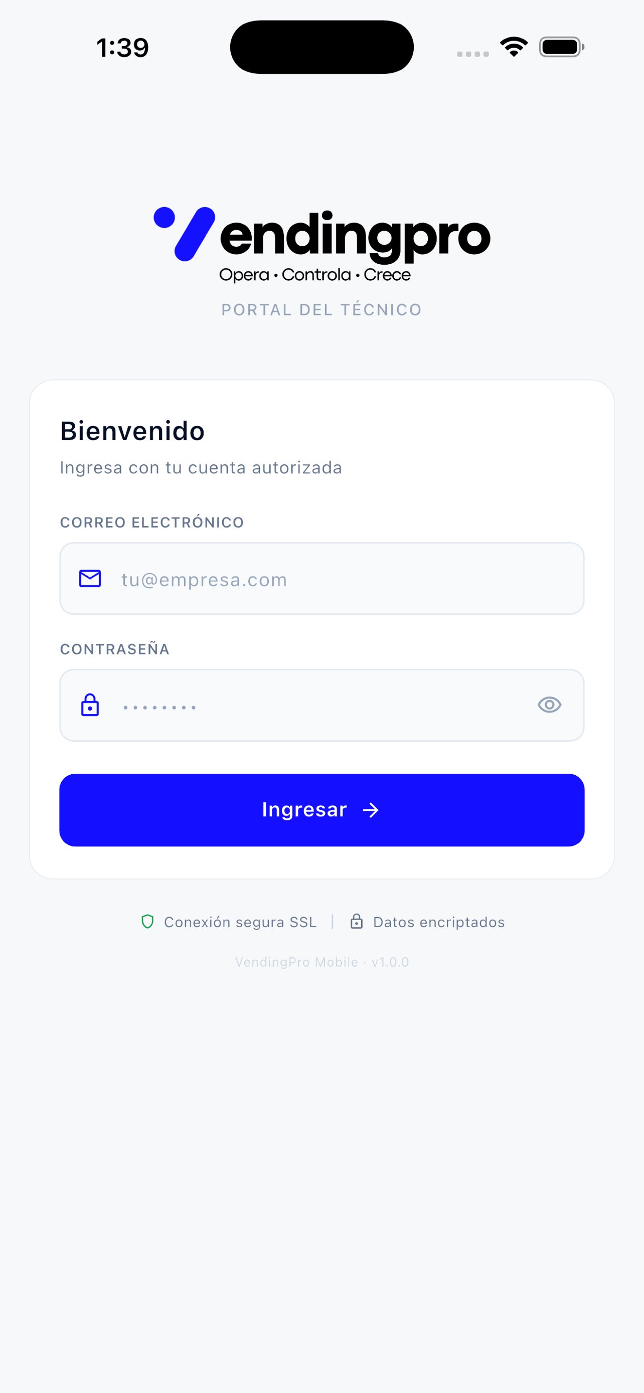 Pantalla de login de la app móvil VendingPro