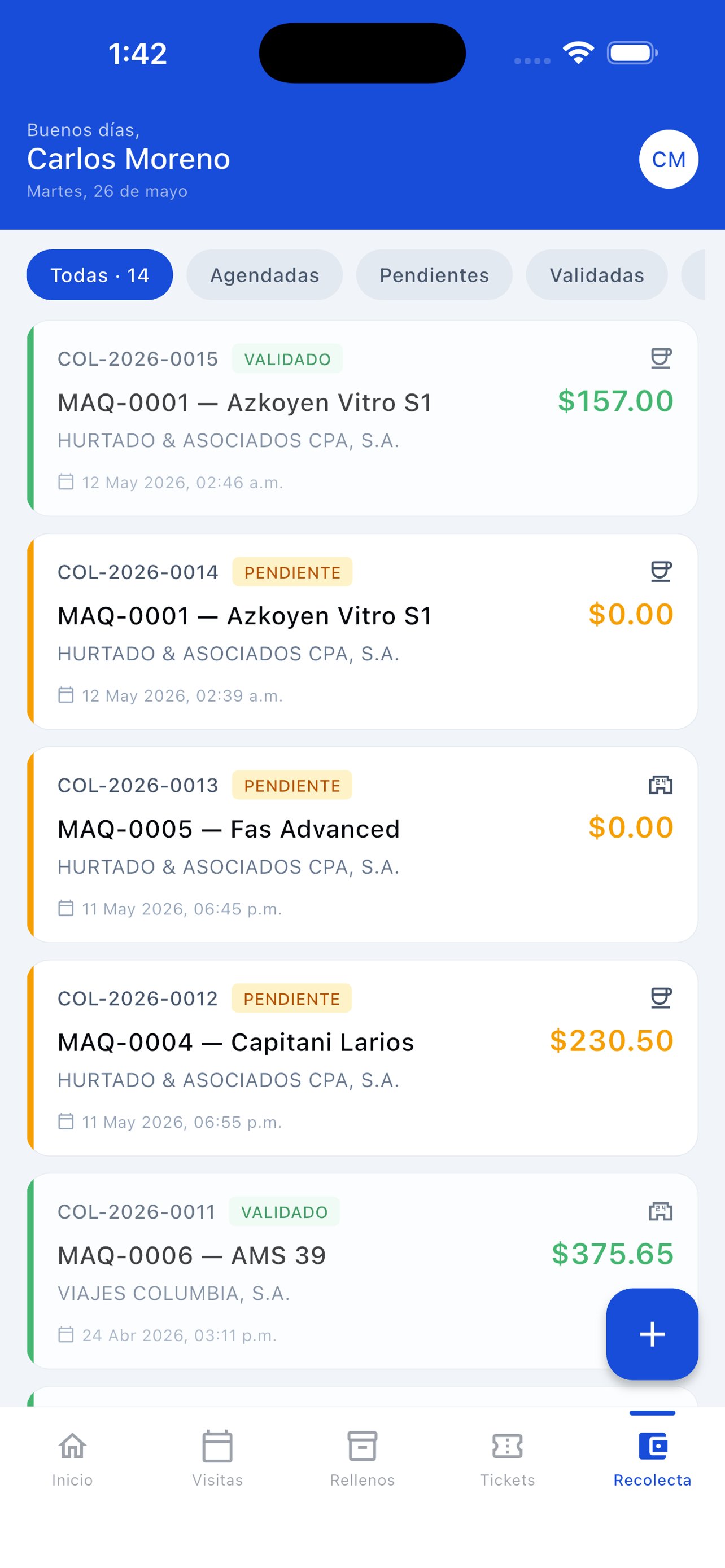 Tab Recolecta de la app móvil con listado de colecciones