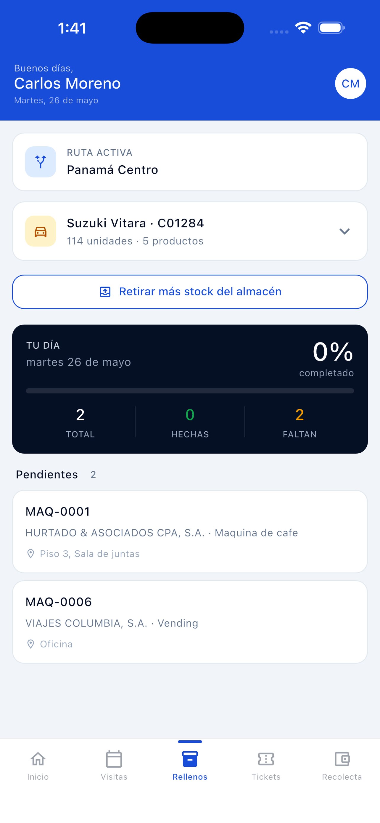 Tab Rellenos de la app móvil con ruta y vehículo