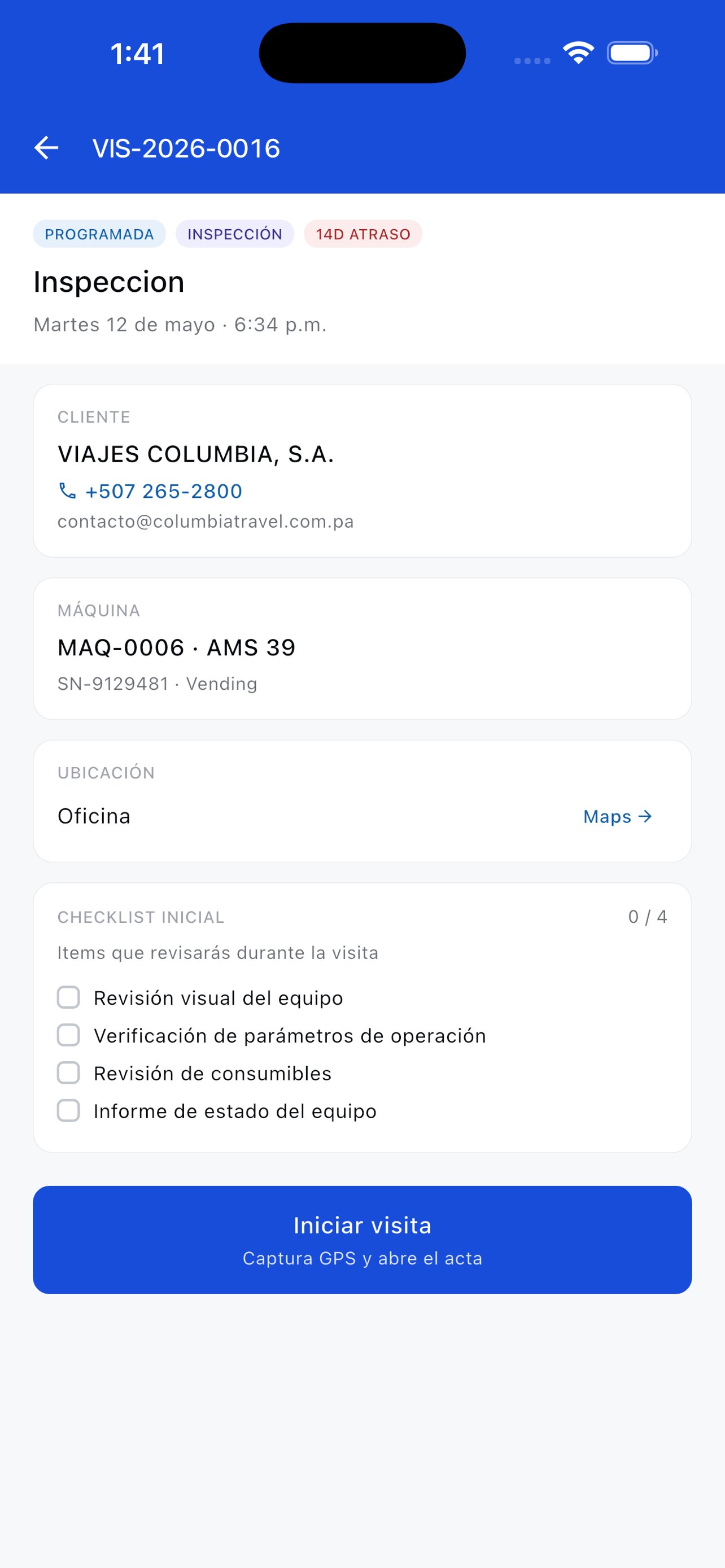 Detalle de visita en la app móvil