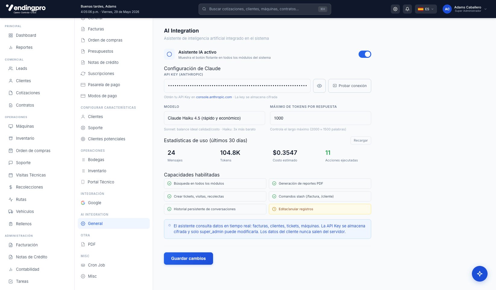Panel de configuración AI Integration del Asistente VendingPro