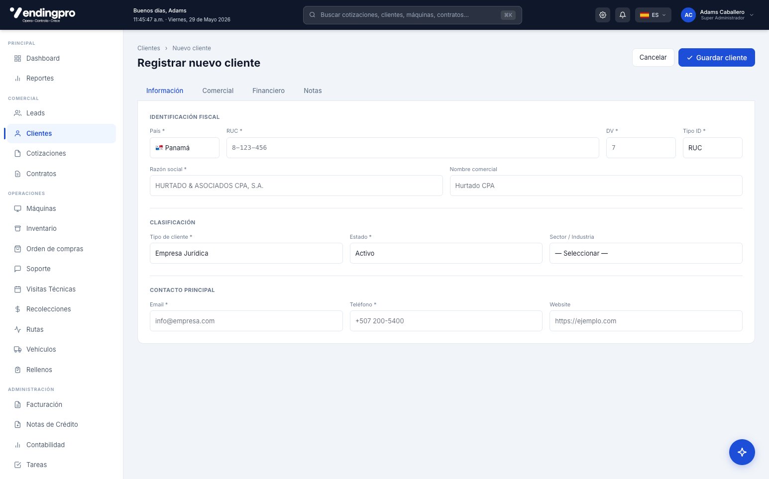 Formulario de registrar nuevo cliente