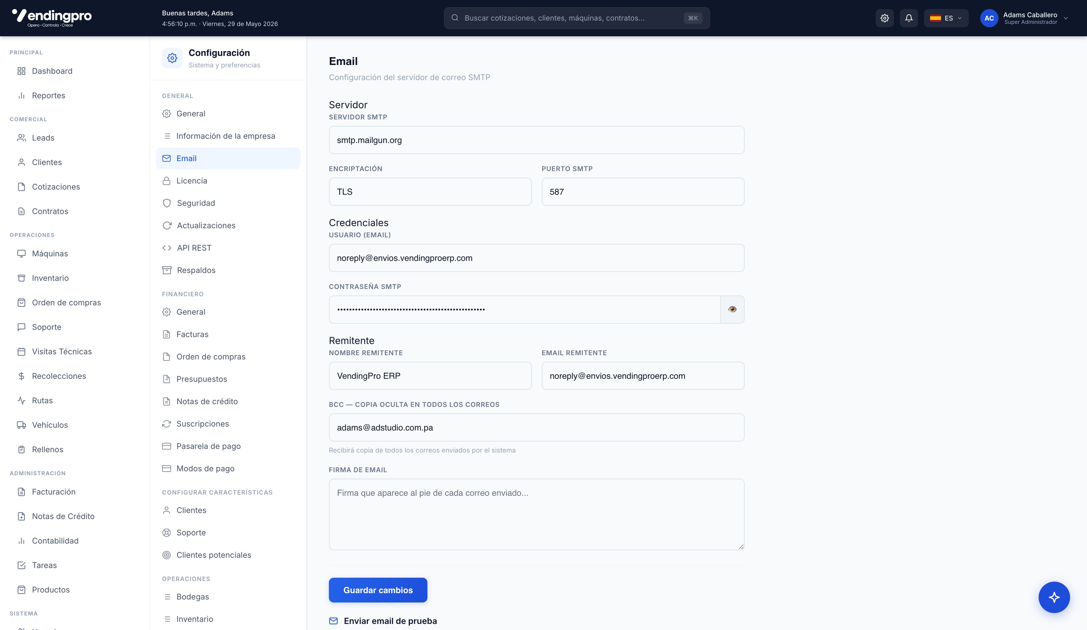 Configuración → Email SMTP