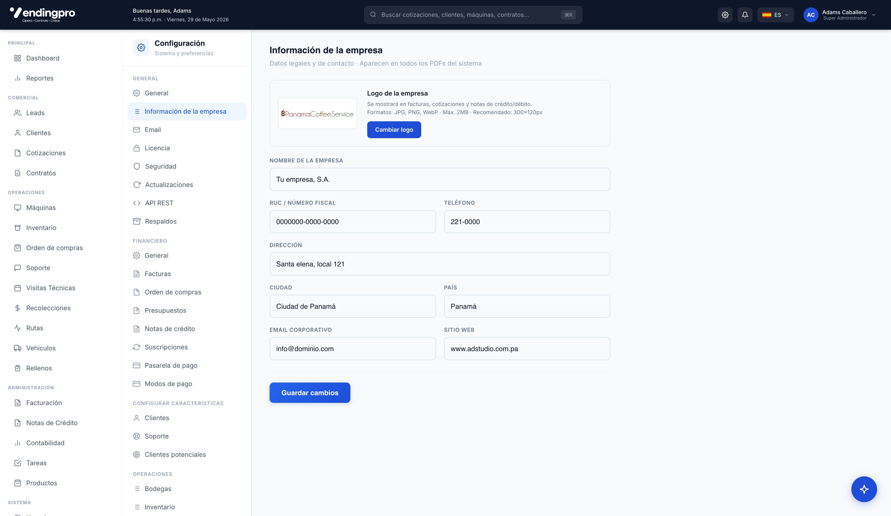 Configuración → Información de la empresa