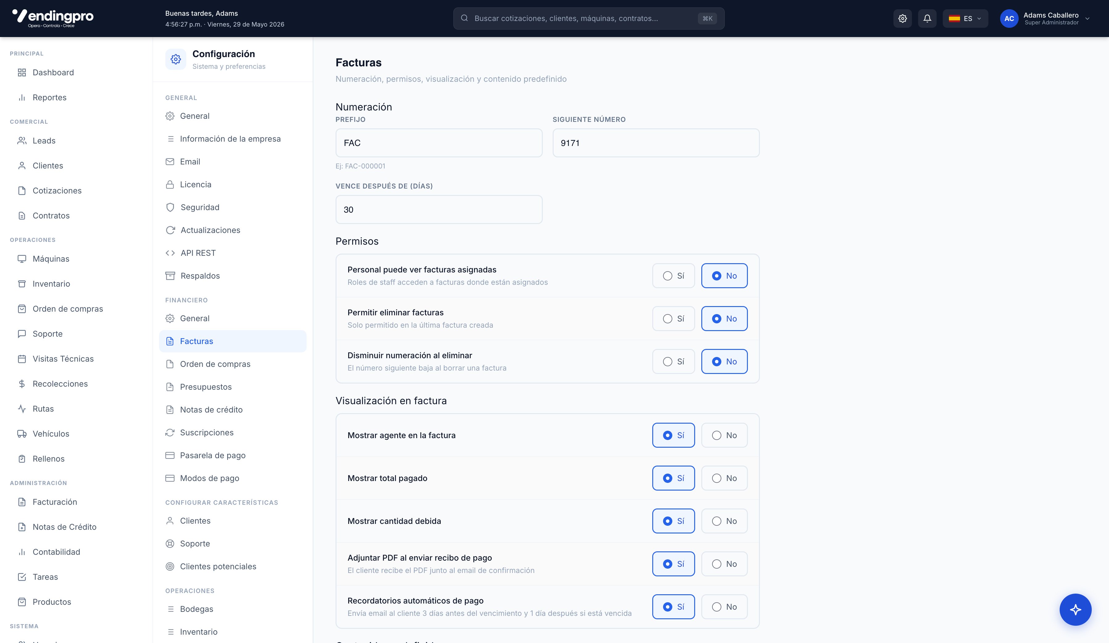 Configuración → Facturas