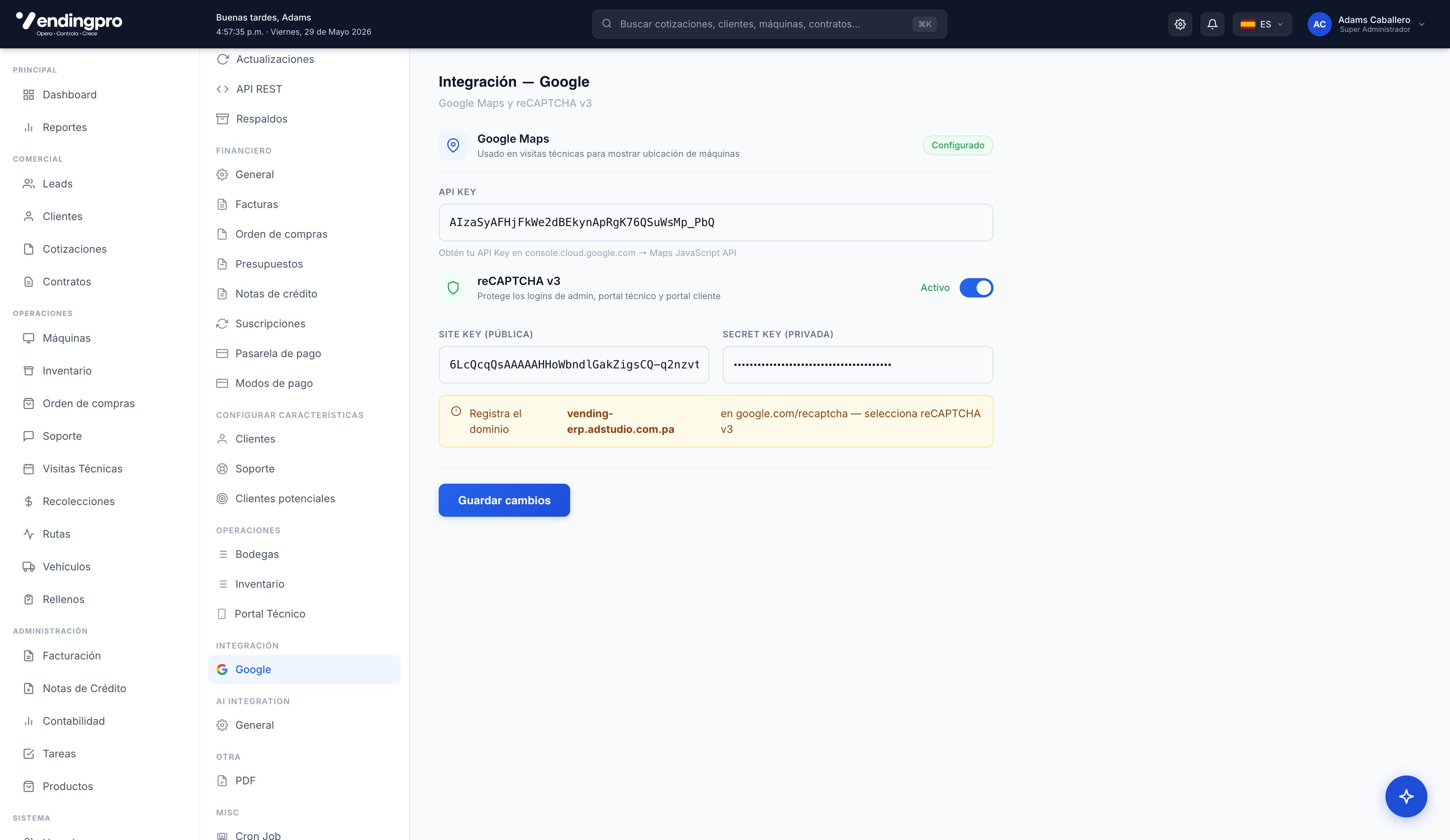 Configuración → Integración Google