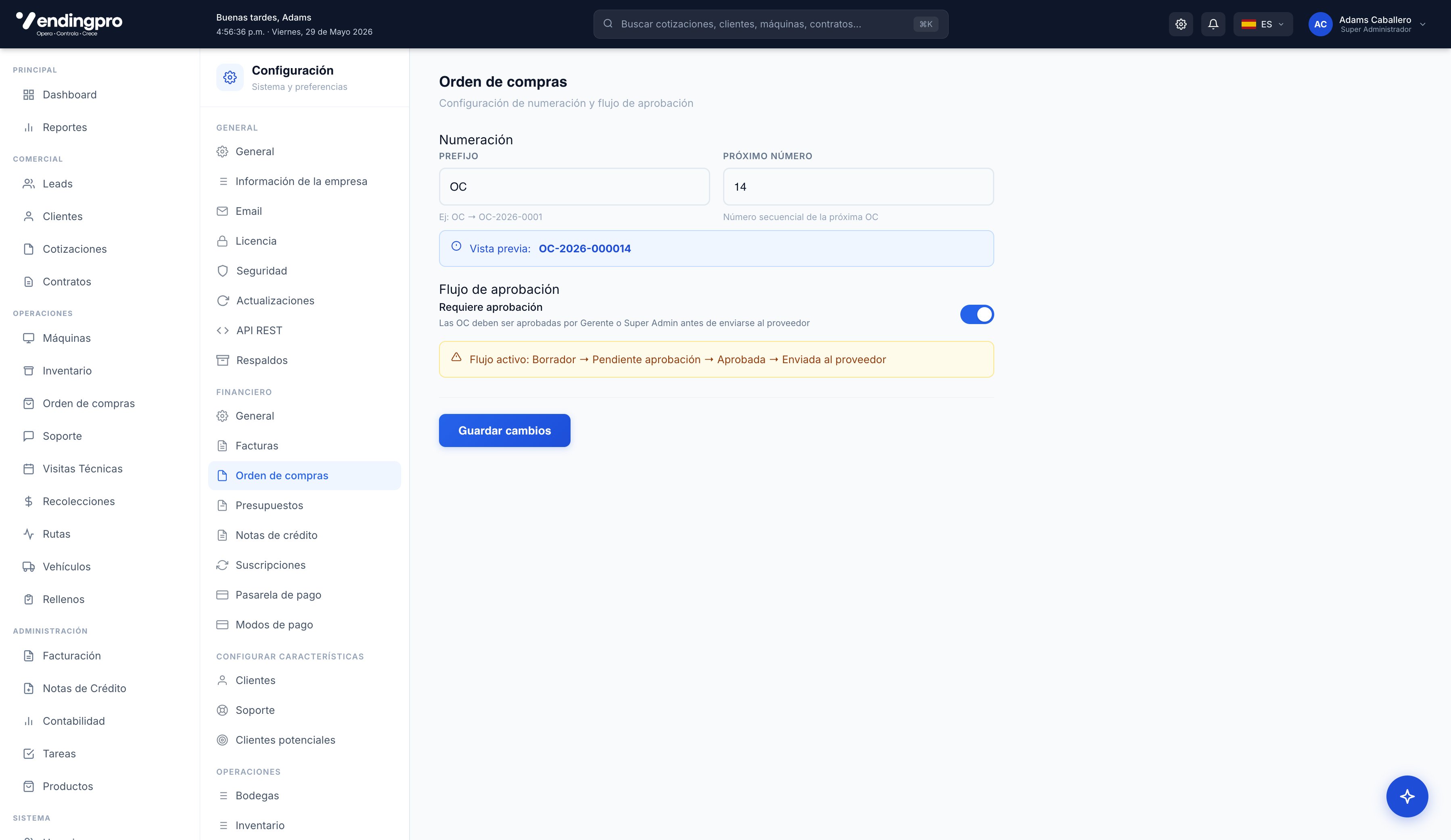 Configuración → Orden de compras