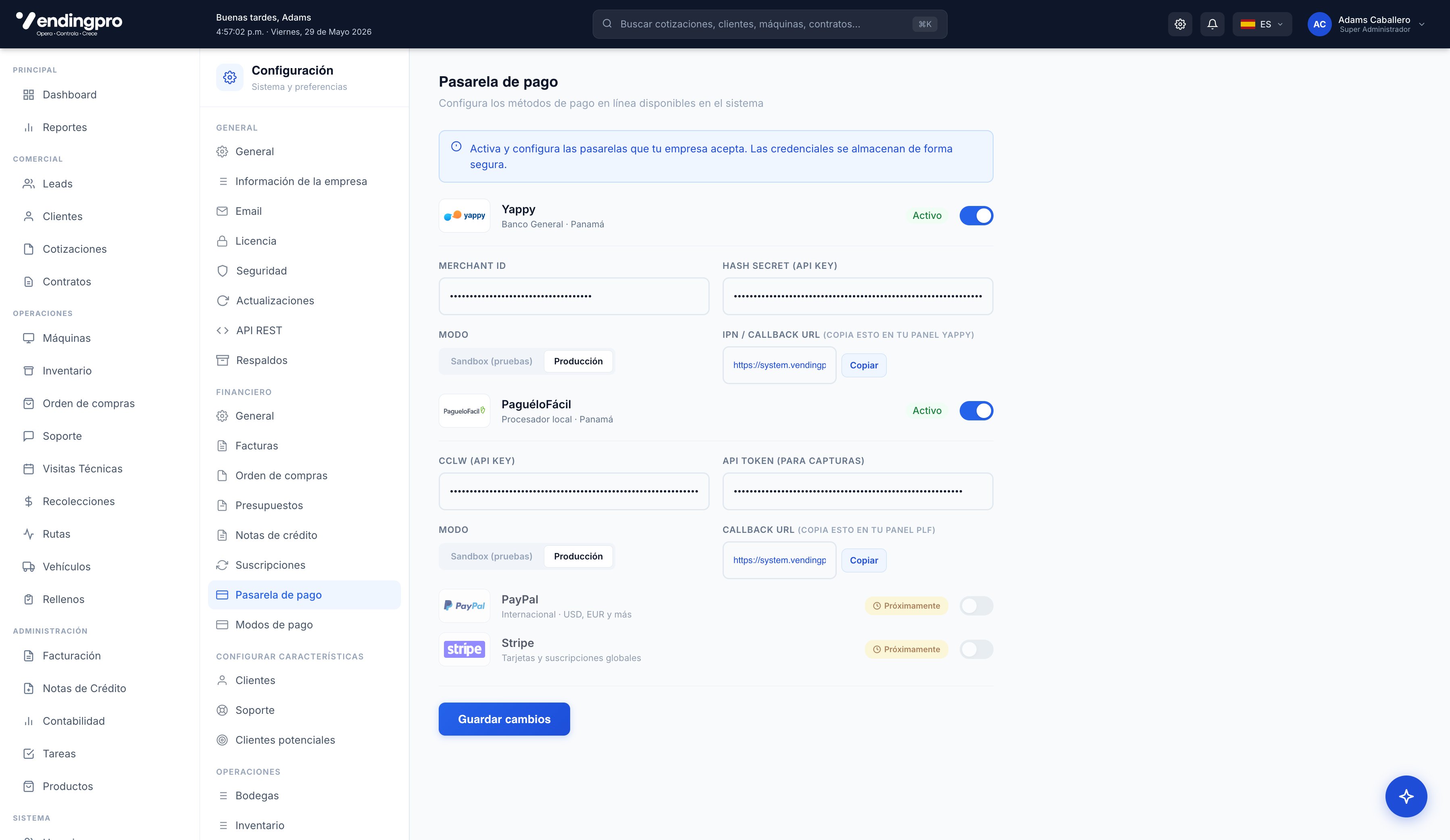 Configuración → Pasarelas de pago