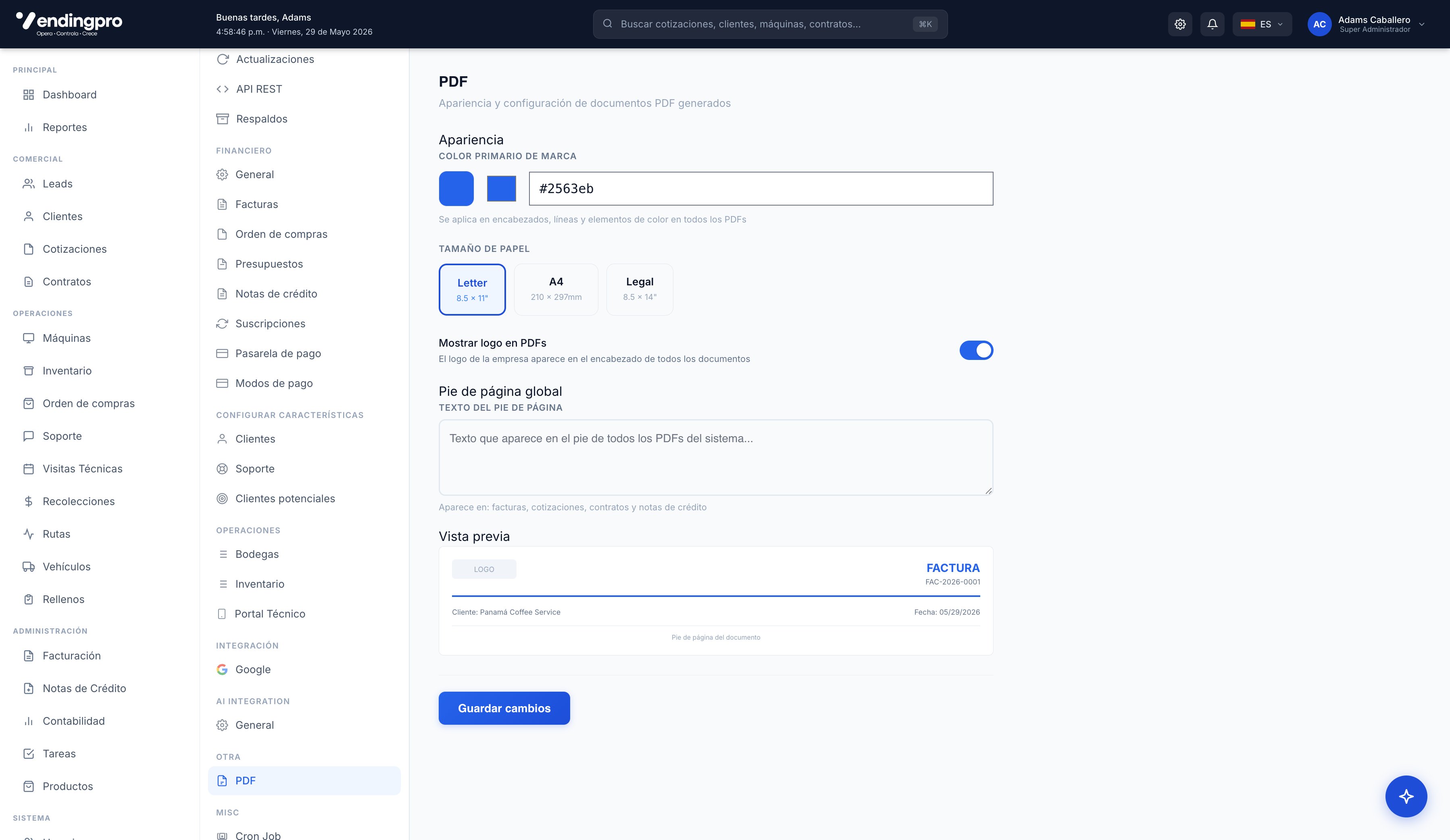 Configuración → PDF