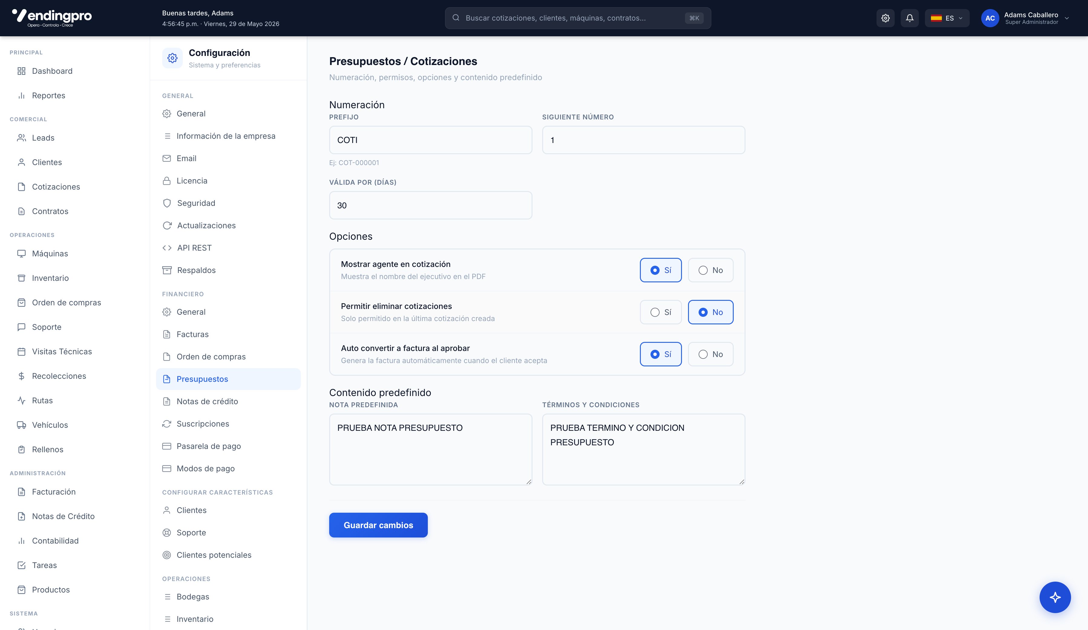 Configuración → Presupuestos / Cotizaciones