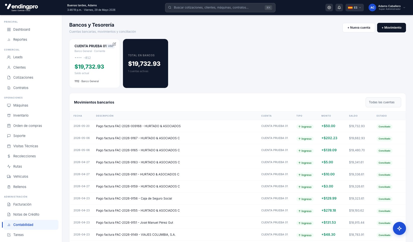 Bancos y Tesorería — cuentas y movimientos