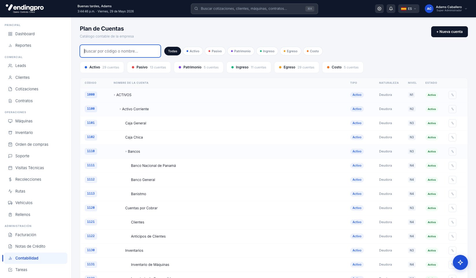 Plan de Cuentas — catálogo contable