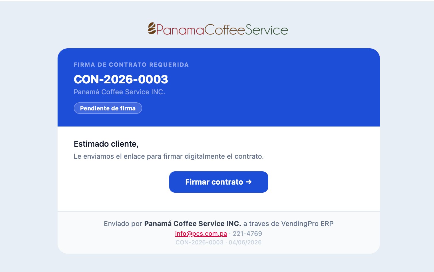 Email recibido por el cliente con enlace para firmar el contrato