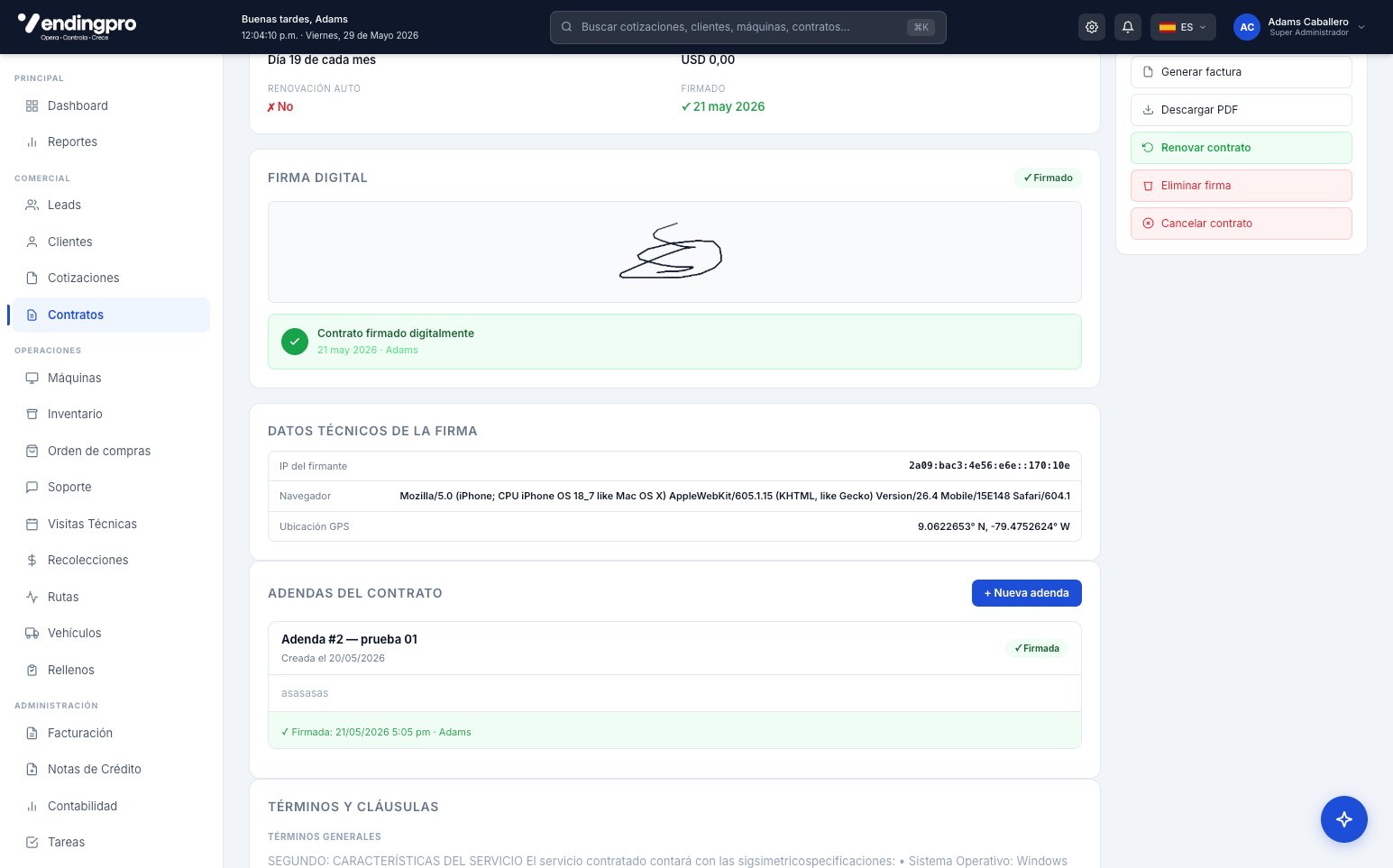 Firma digital del contrato con datos técnicos