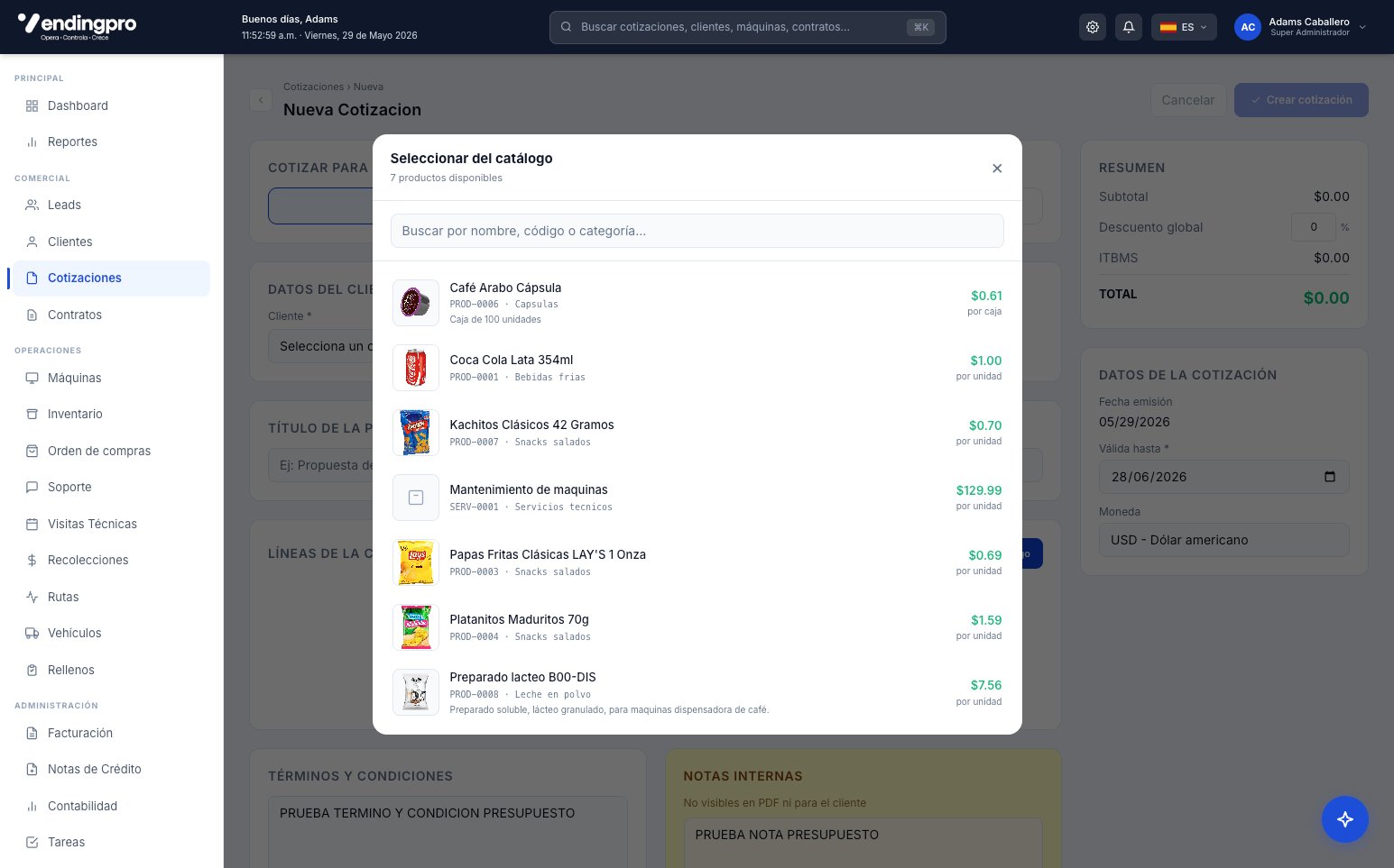 Modal Seleccionar del catálogo