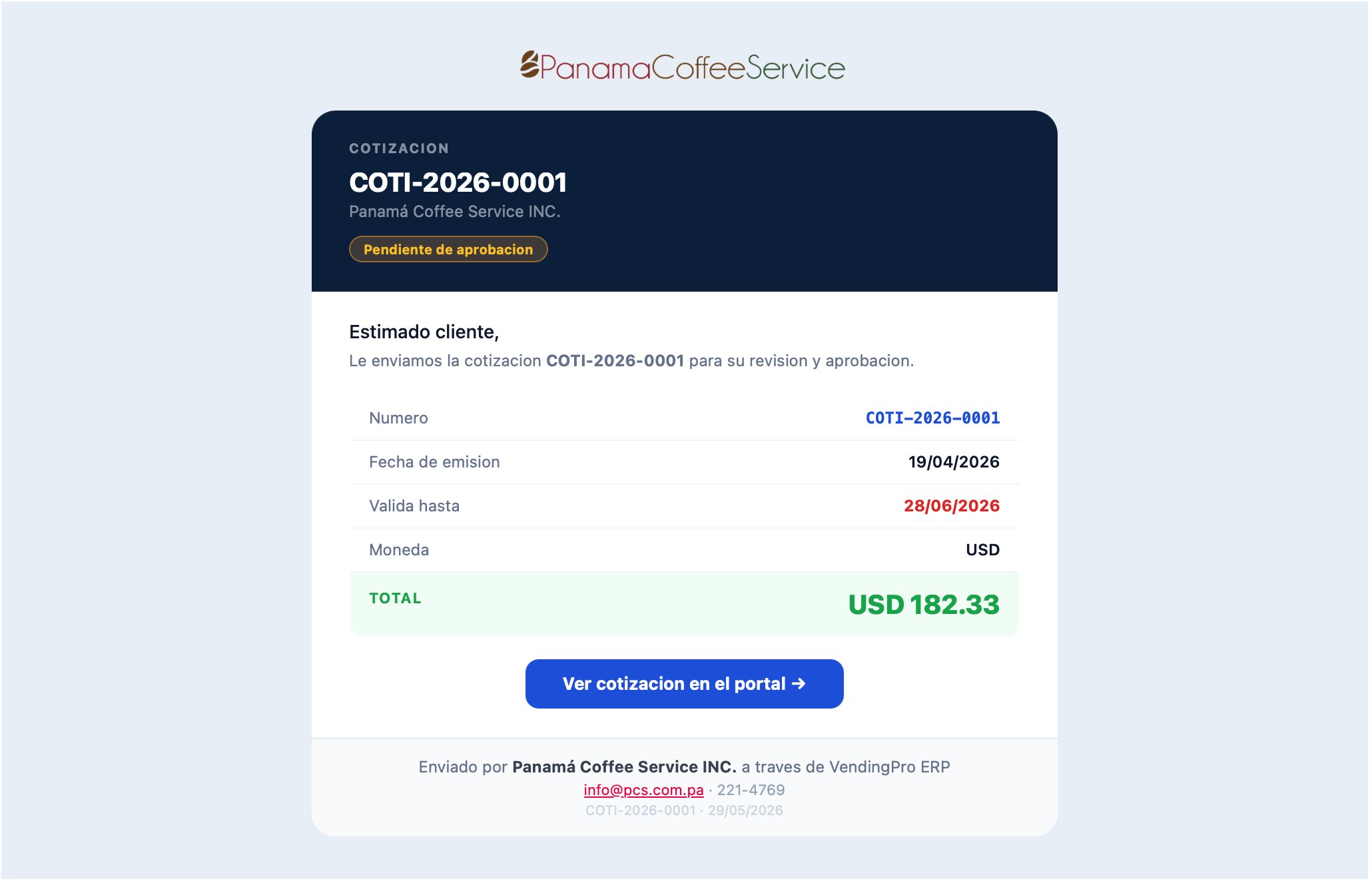 Email recibido por el cliente