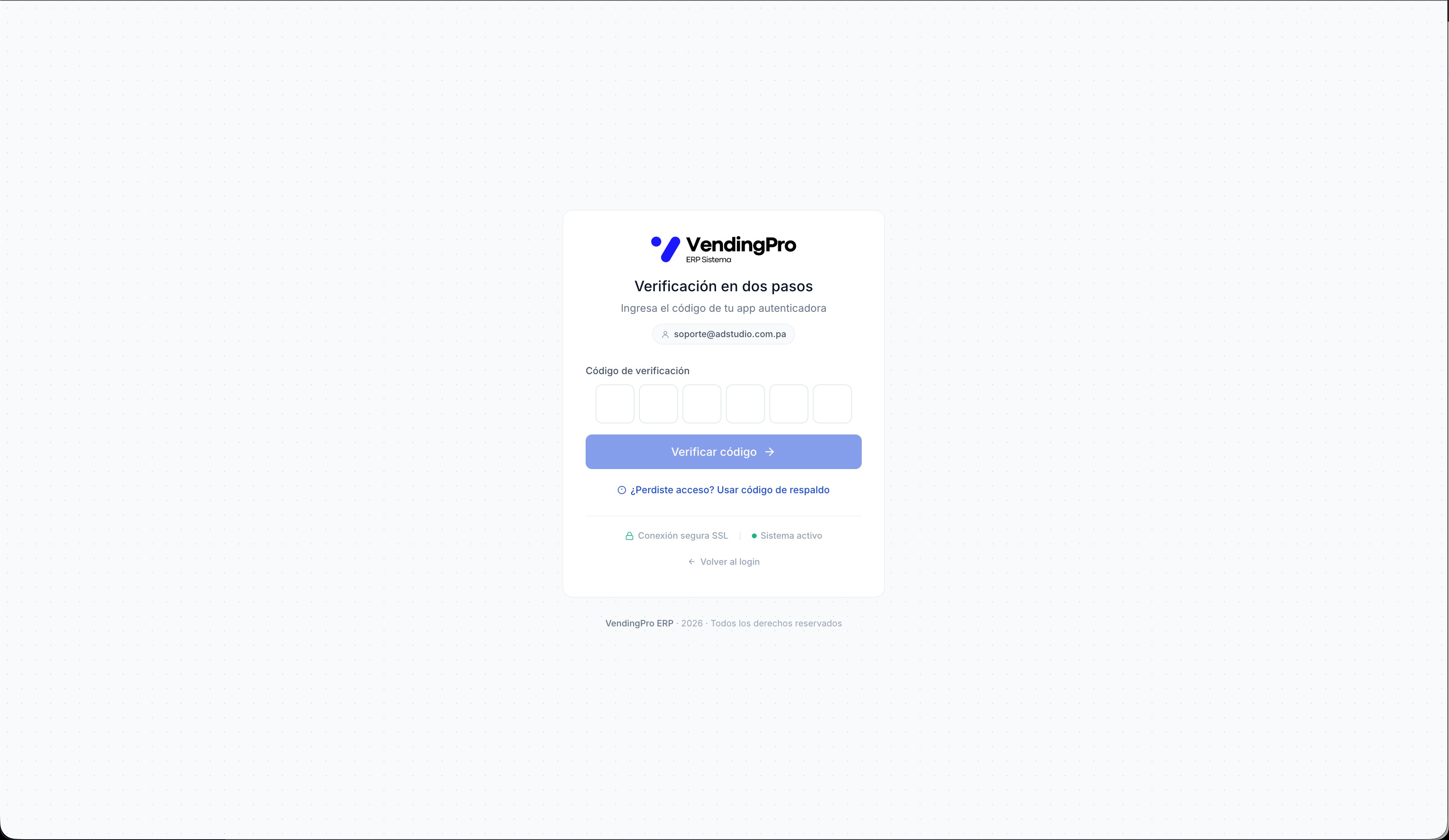 Pantalla de verificación 2FA en dos pasos