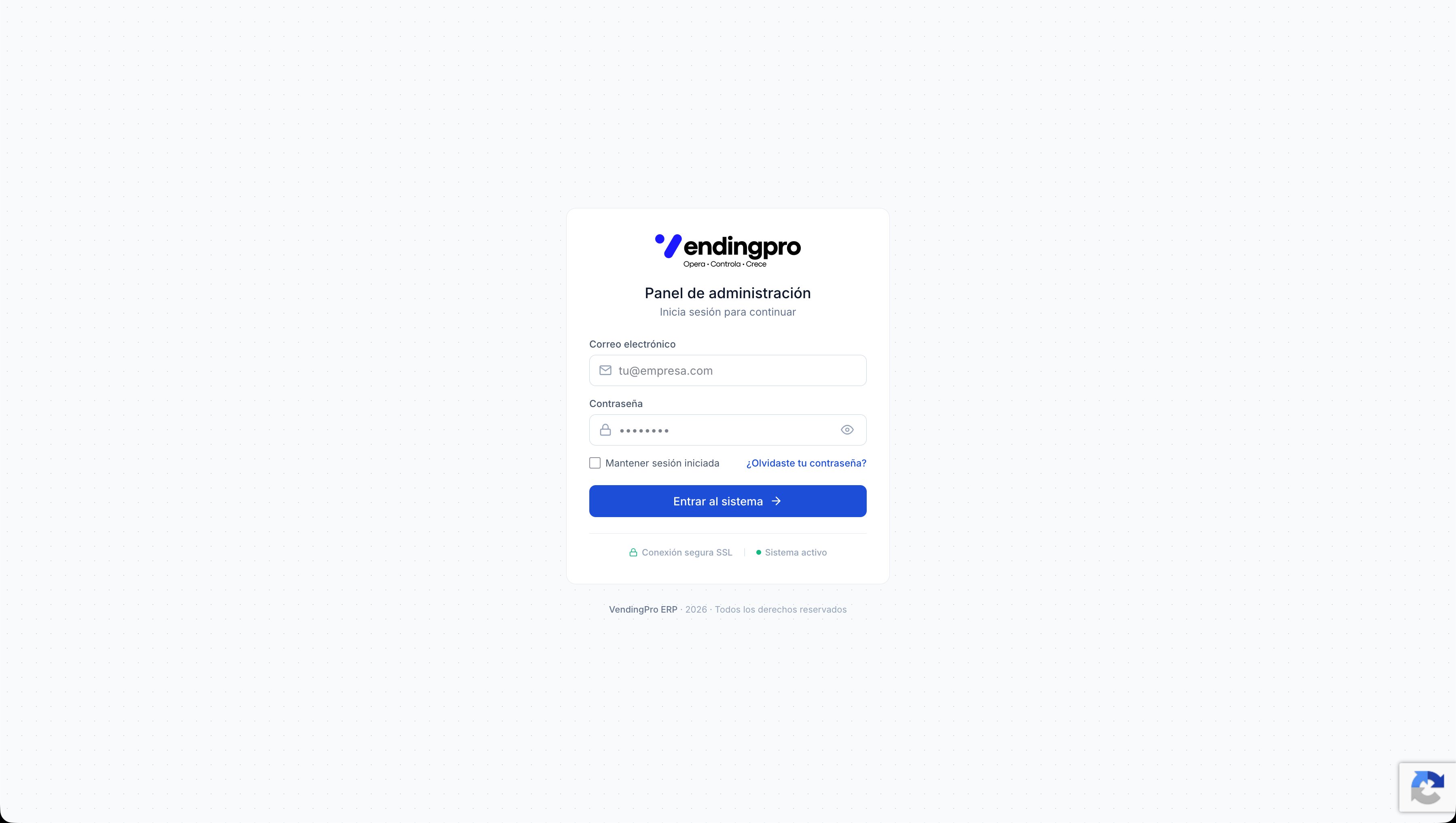 Pantalla de login del panel administrativo