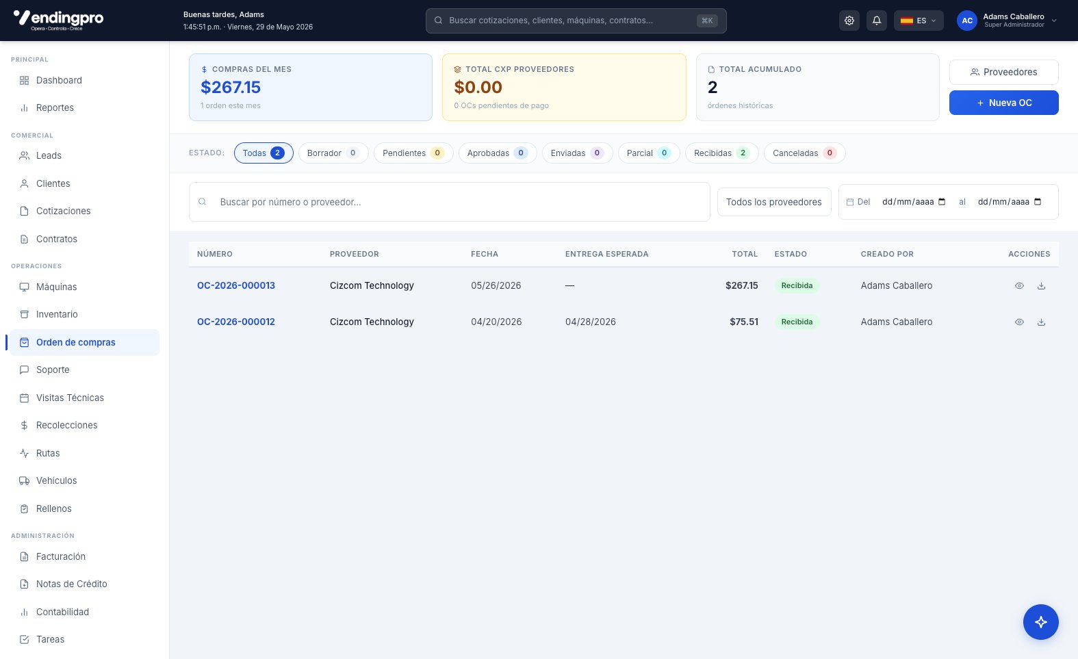 Lista de órdenes de compra