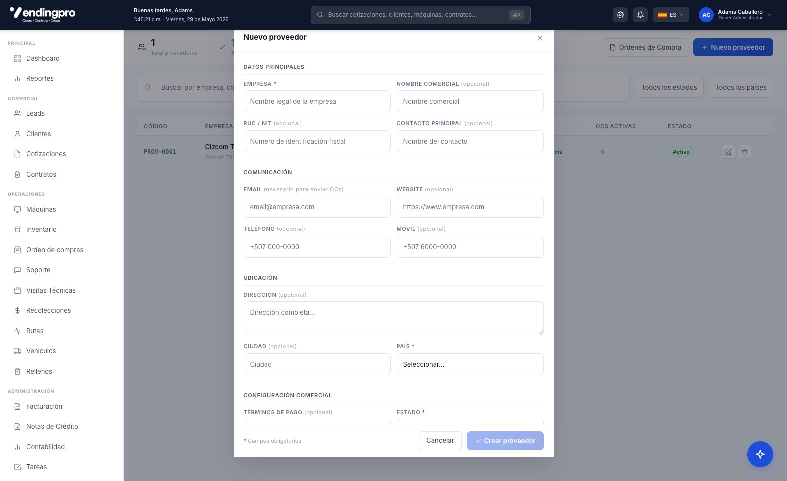 Modal Nuevo proveedor