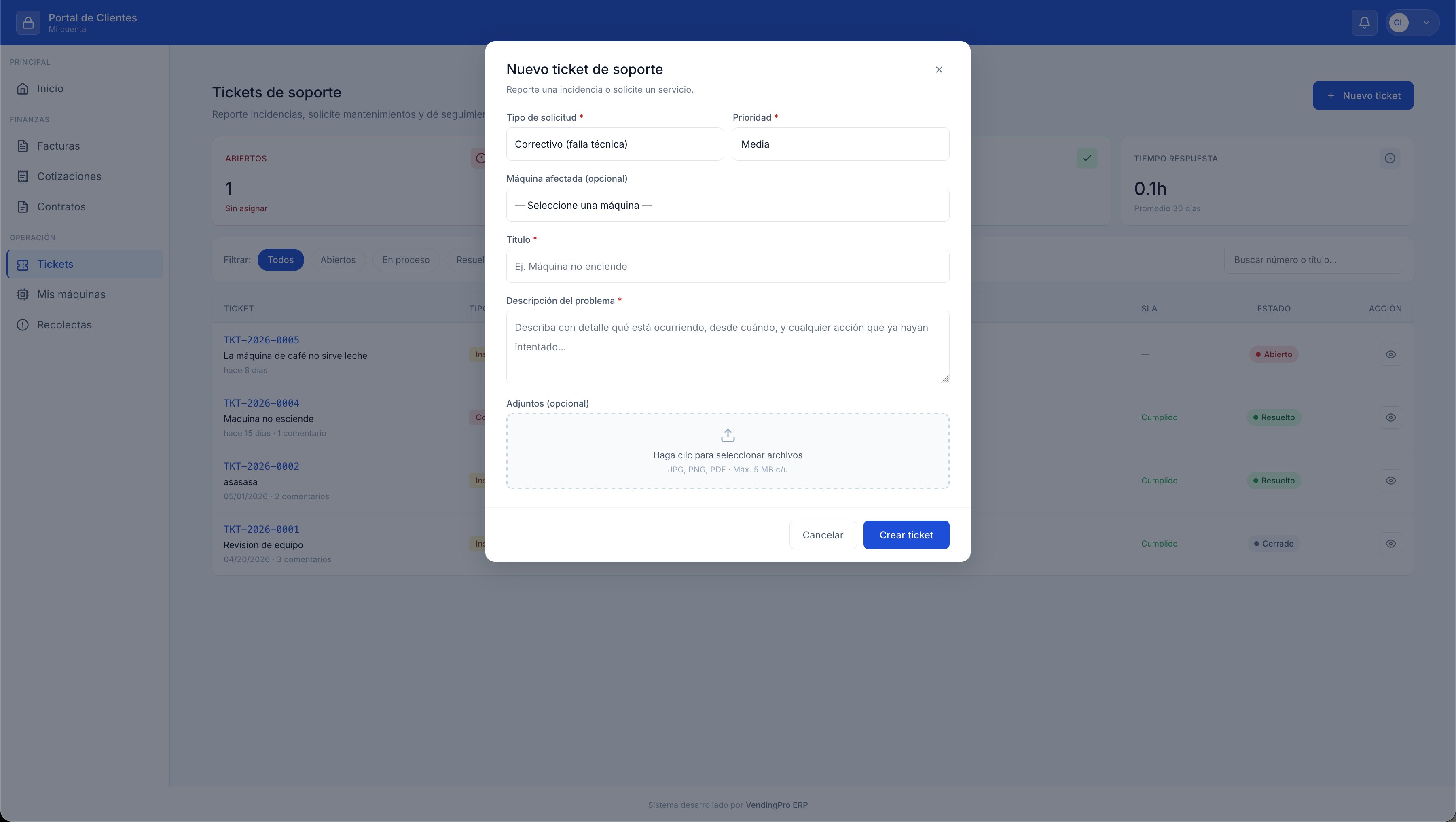 Vista de creacion de ticket por el cliente