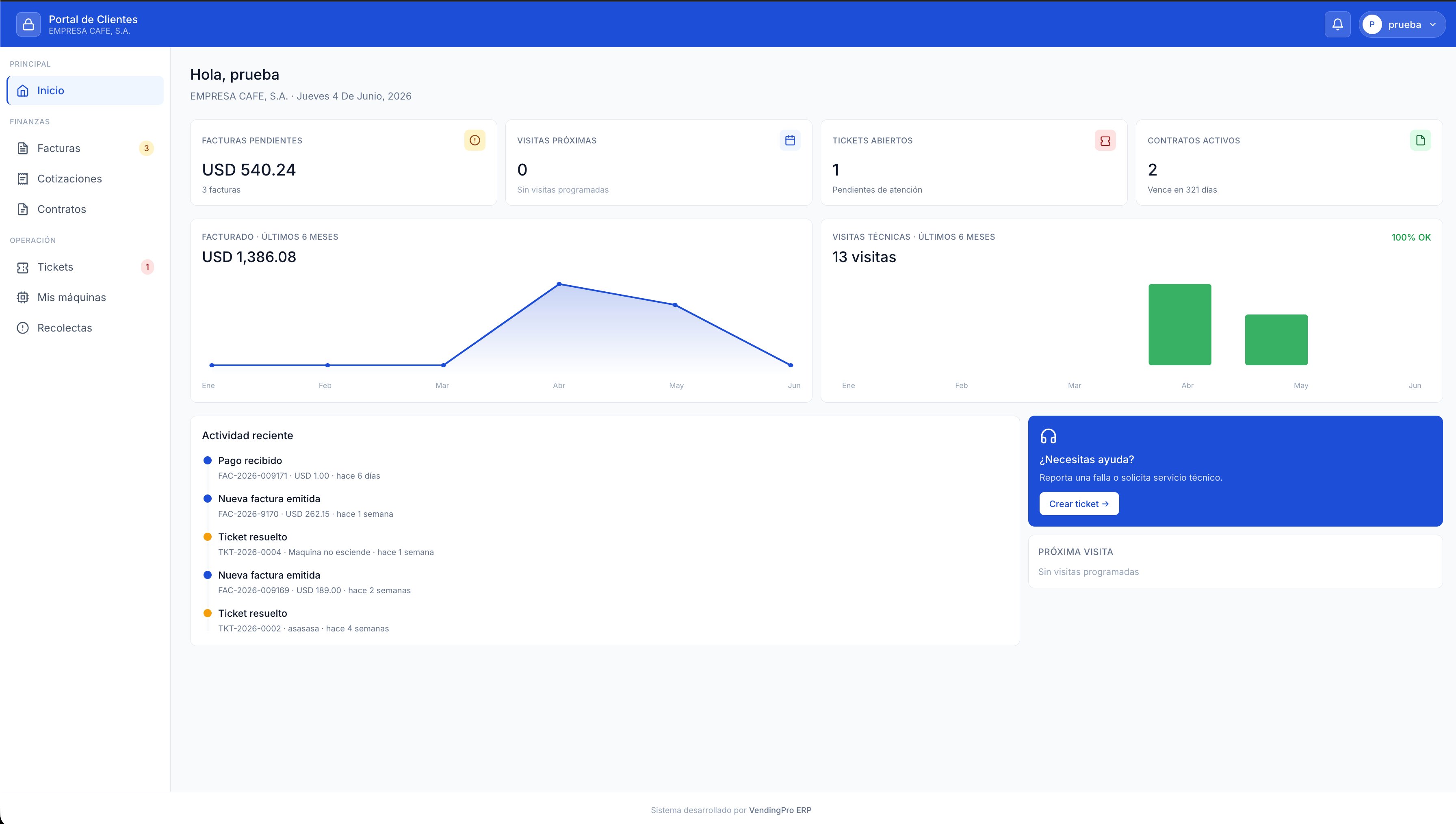 Dashboard inicial del Portal Cliente