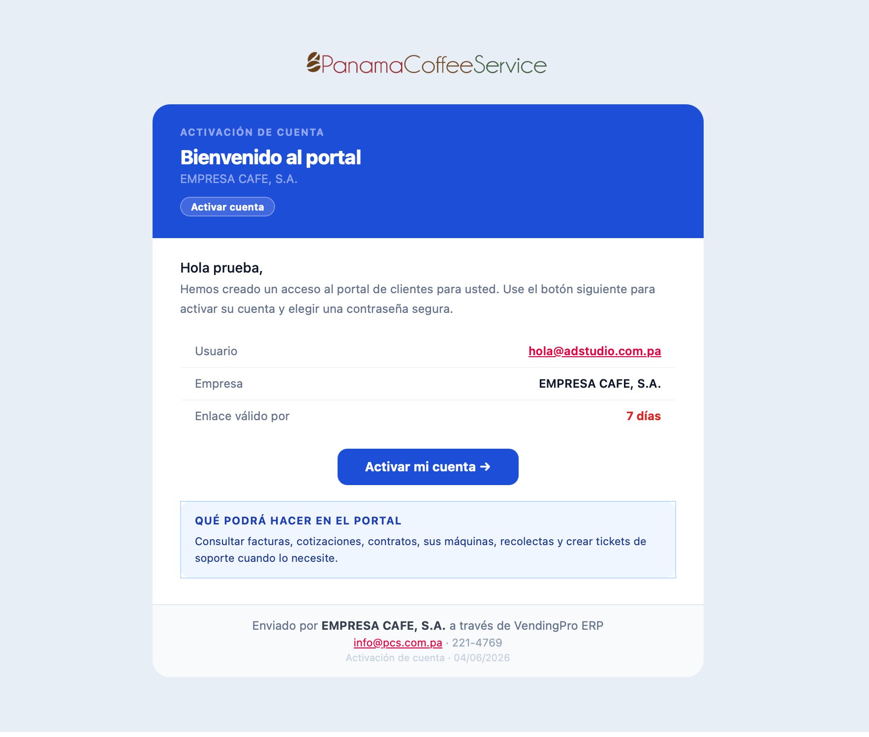 Email de activacion de cuenta del Portal Cliente