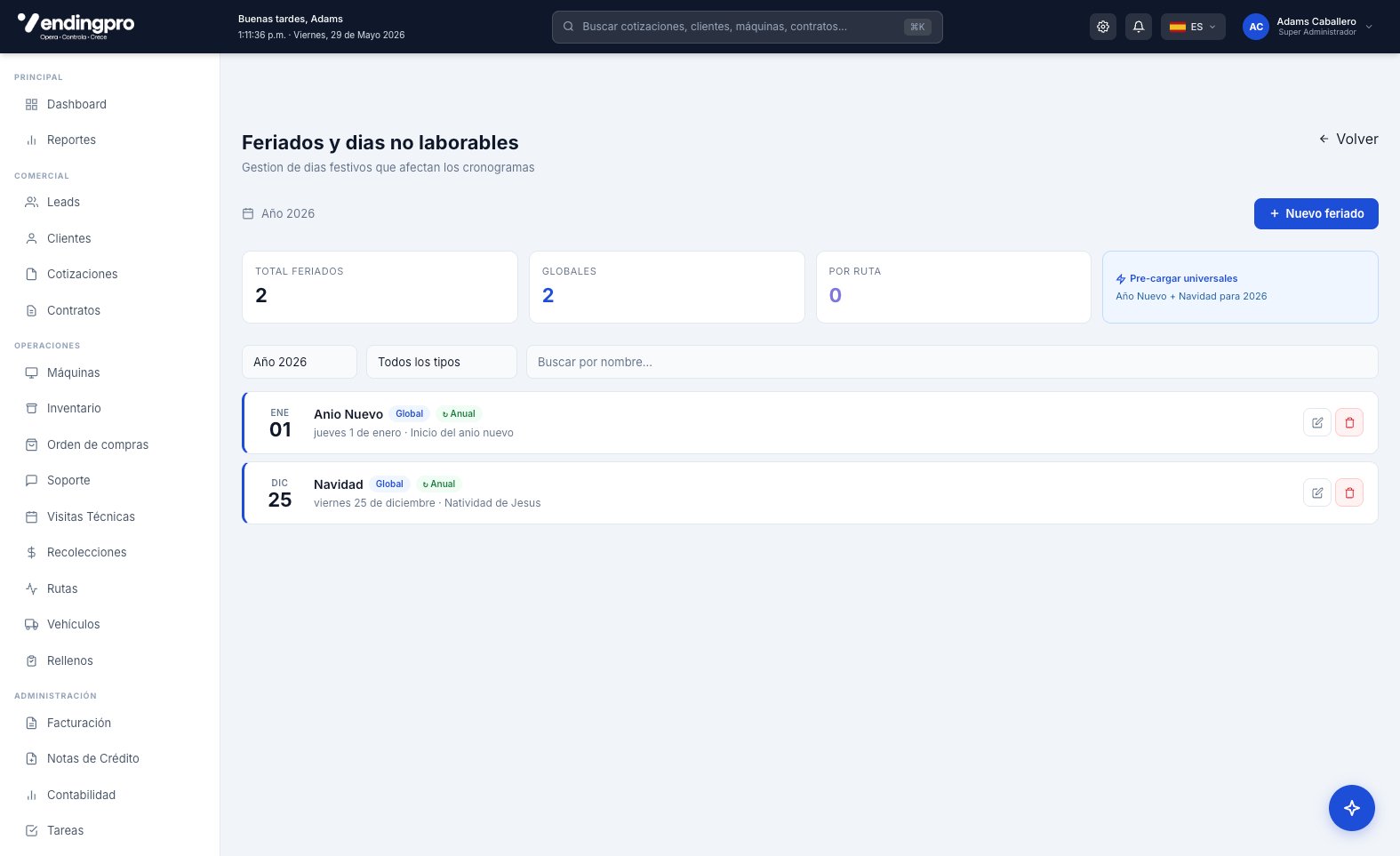 Configuración de feriados y días no laborables