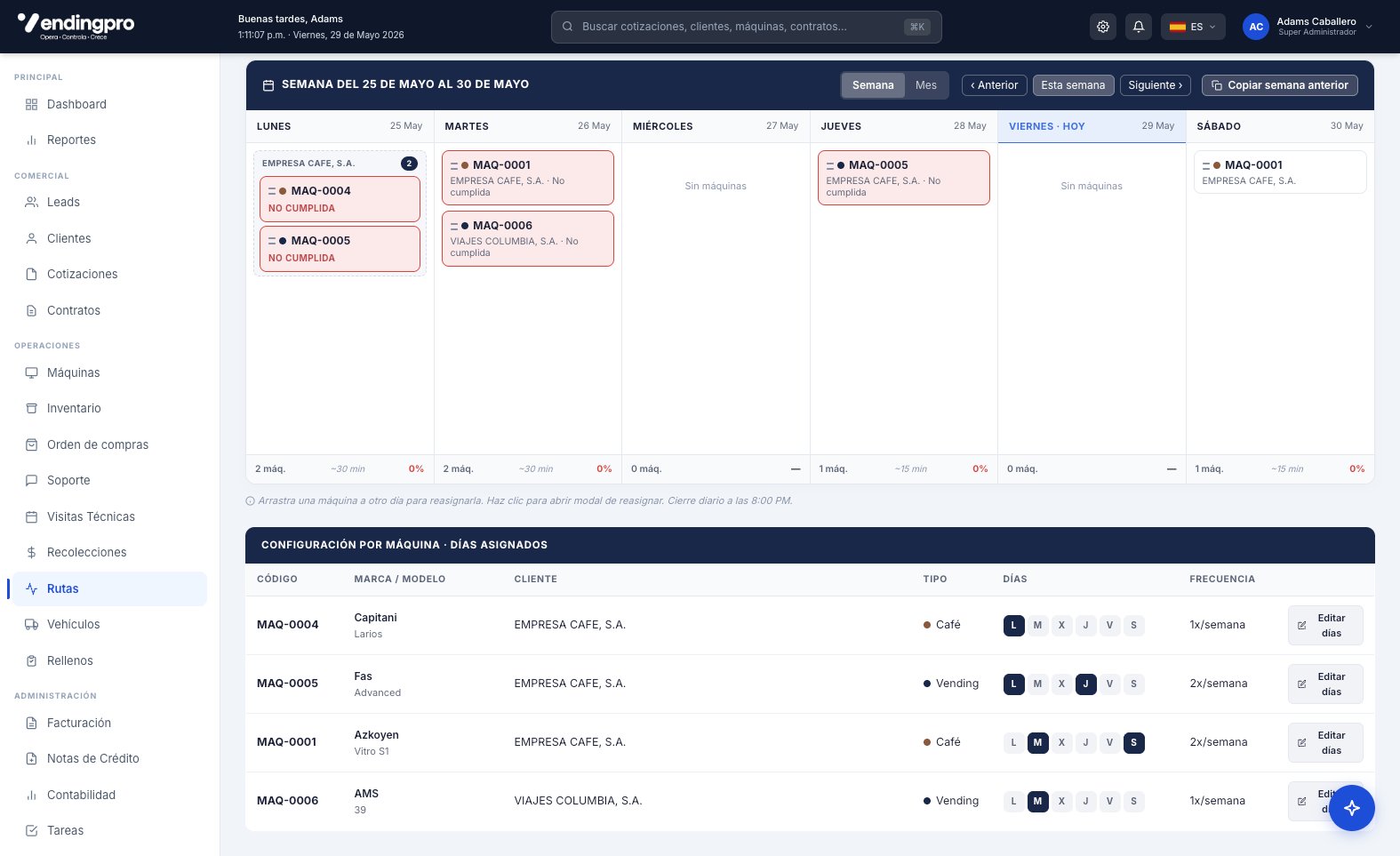 Configuración por máquina · Días asignados