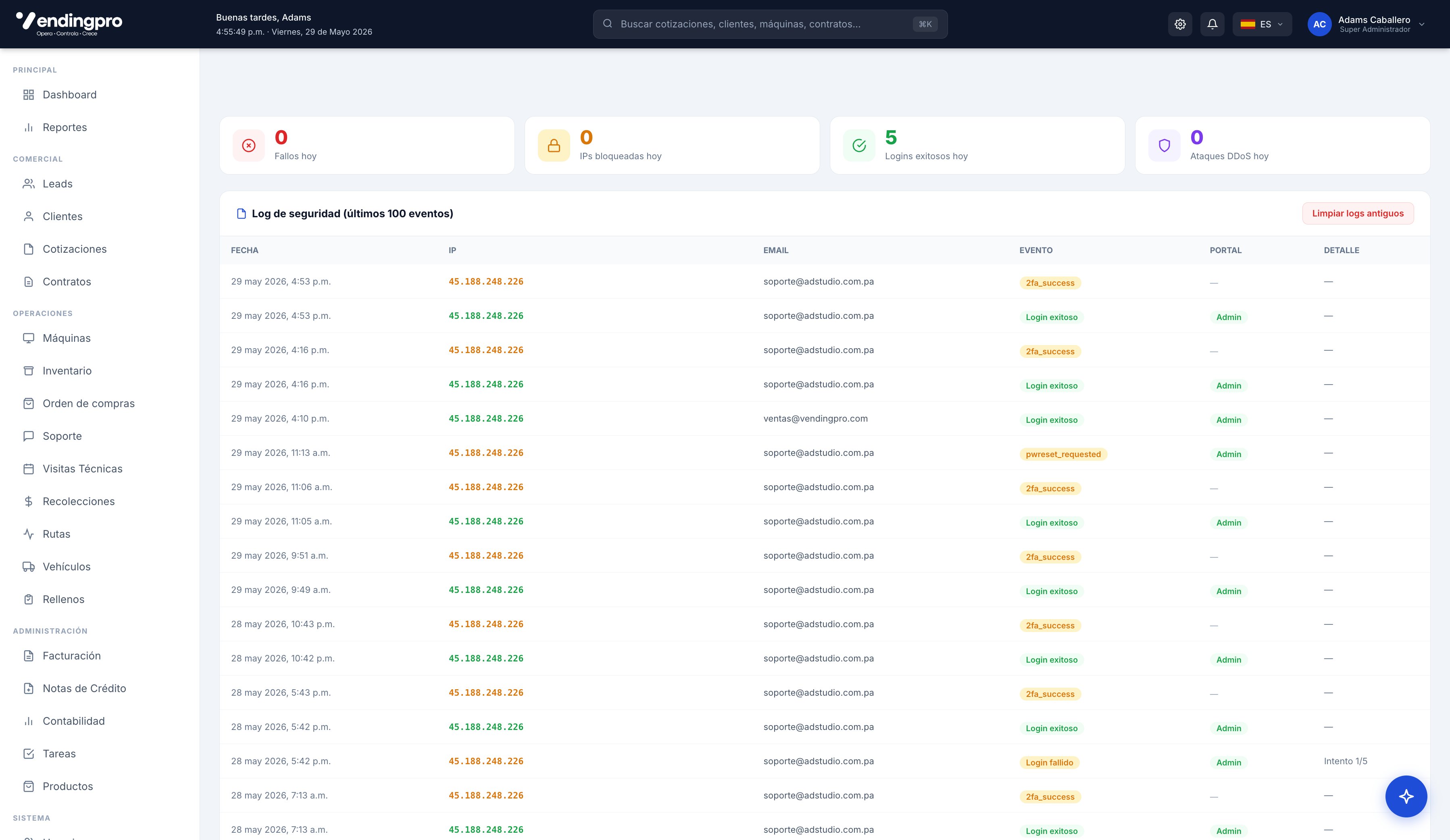 Log de seguridad del ERP con KPIs y eventos