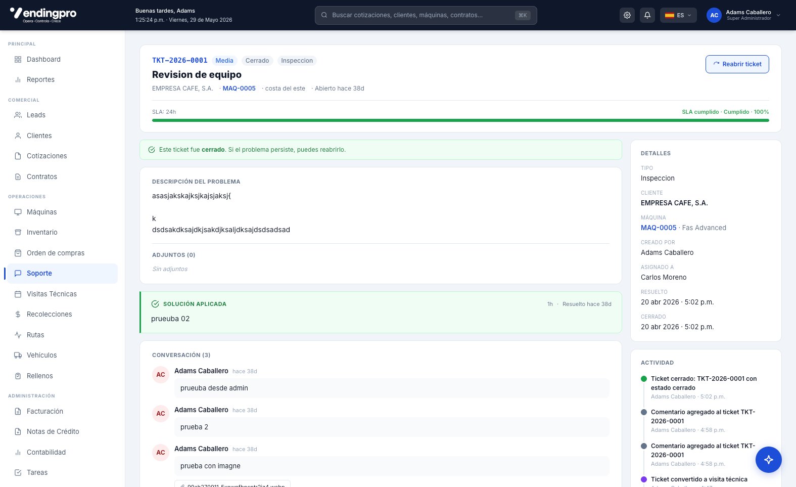 Vista detalle del ticket - header y SLA