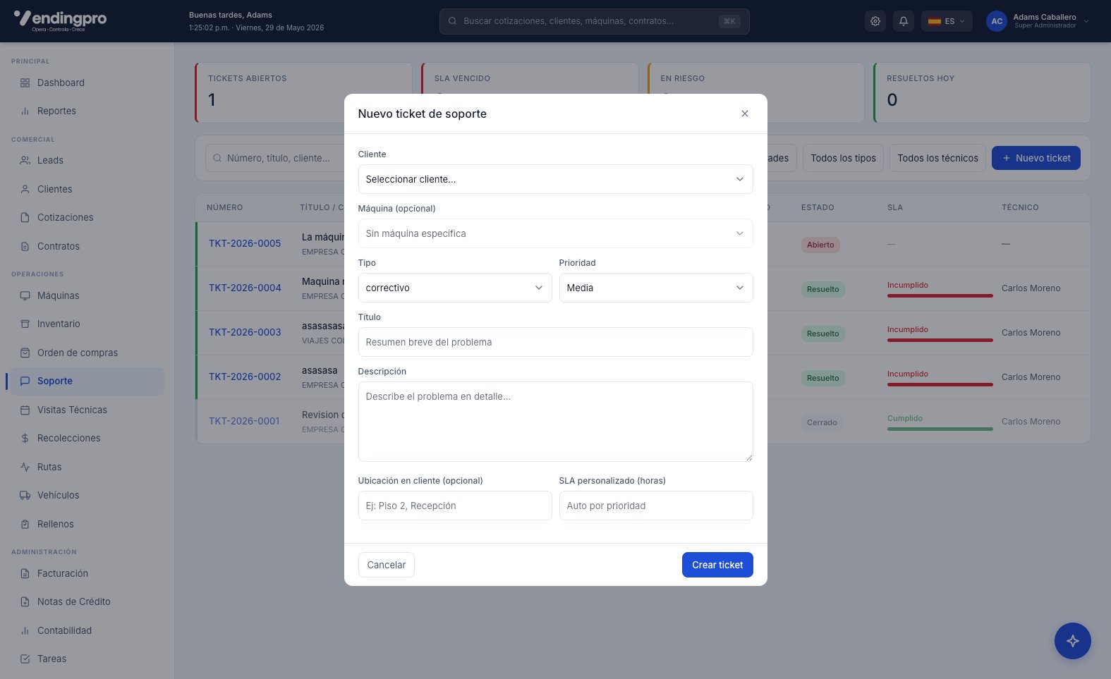 Modal Nuevo ticket de soporte