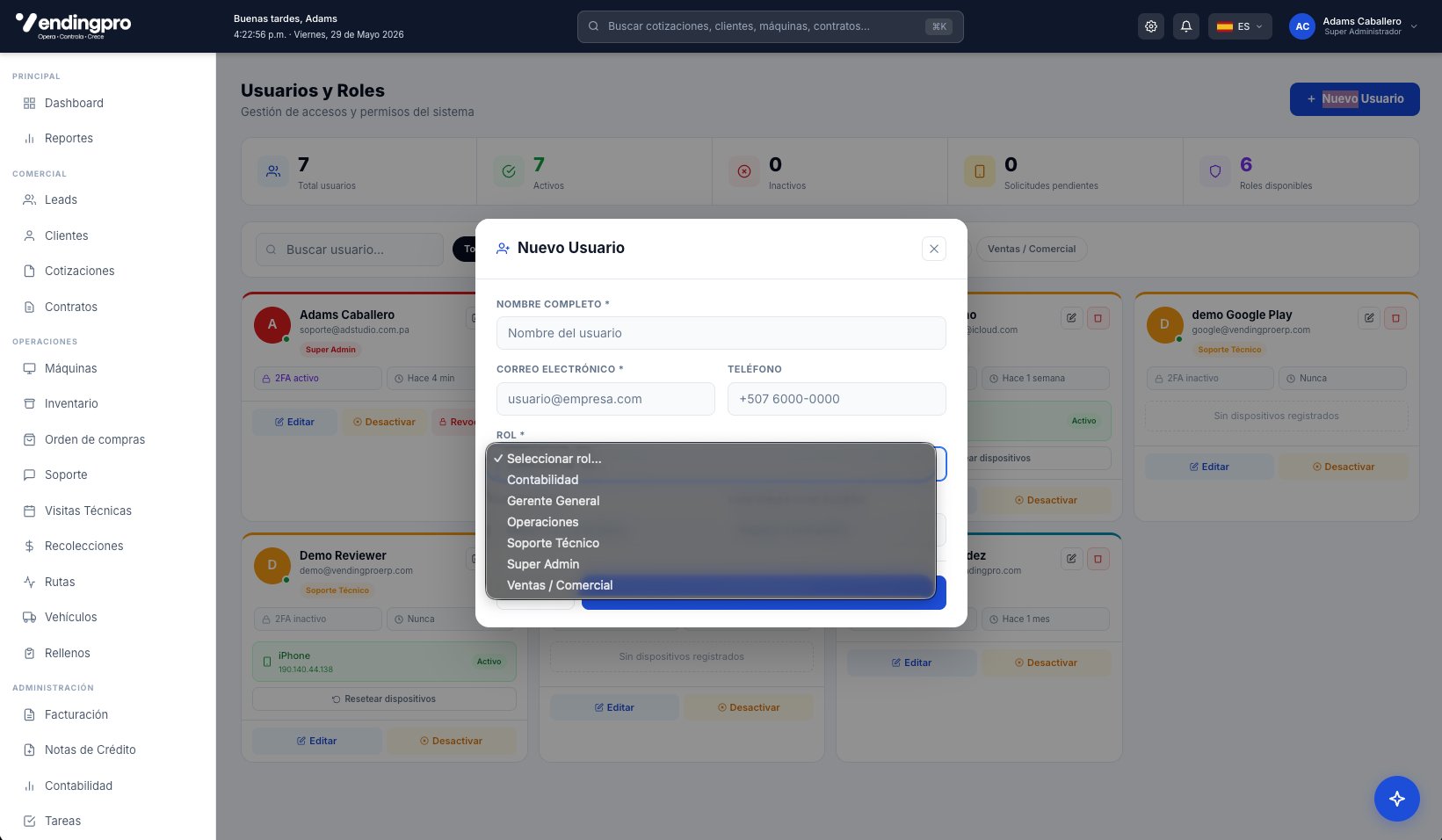 Dropdown con los roles disponibles